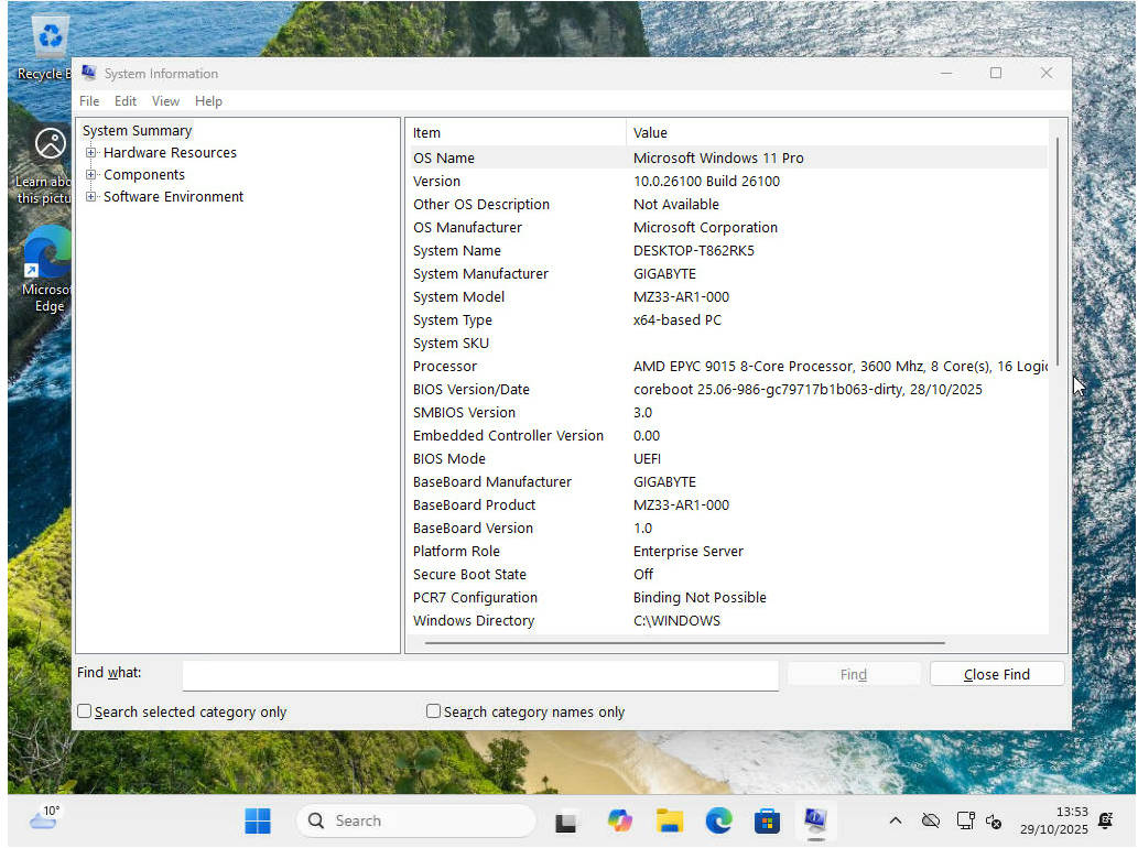 Windows 11 on Gigabyte MZ33-AR with coreboot